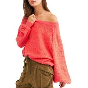 Free People Oversized Casual Boatneck Off Shoulder Sweater Coral Pink Women's XS